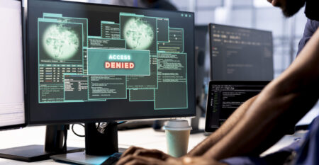 Employee receiving access denied notification on PC display in data center