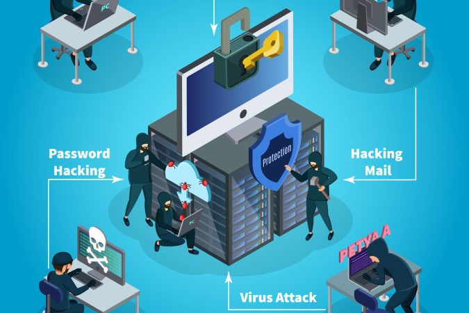 Isometric hacking activity composition with hackers different internet and cyber crimes isolated vector illustration
